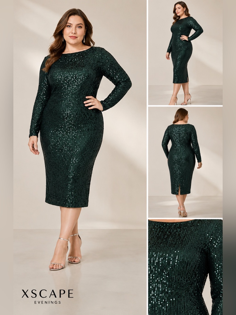 XSCAPE NWT EMERALD GREEN SEQUIN DRESS LONG SLEEVE COCKTAIL PARTY 16